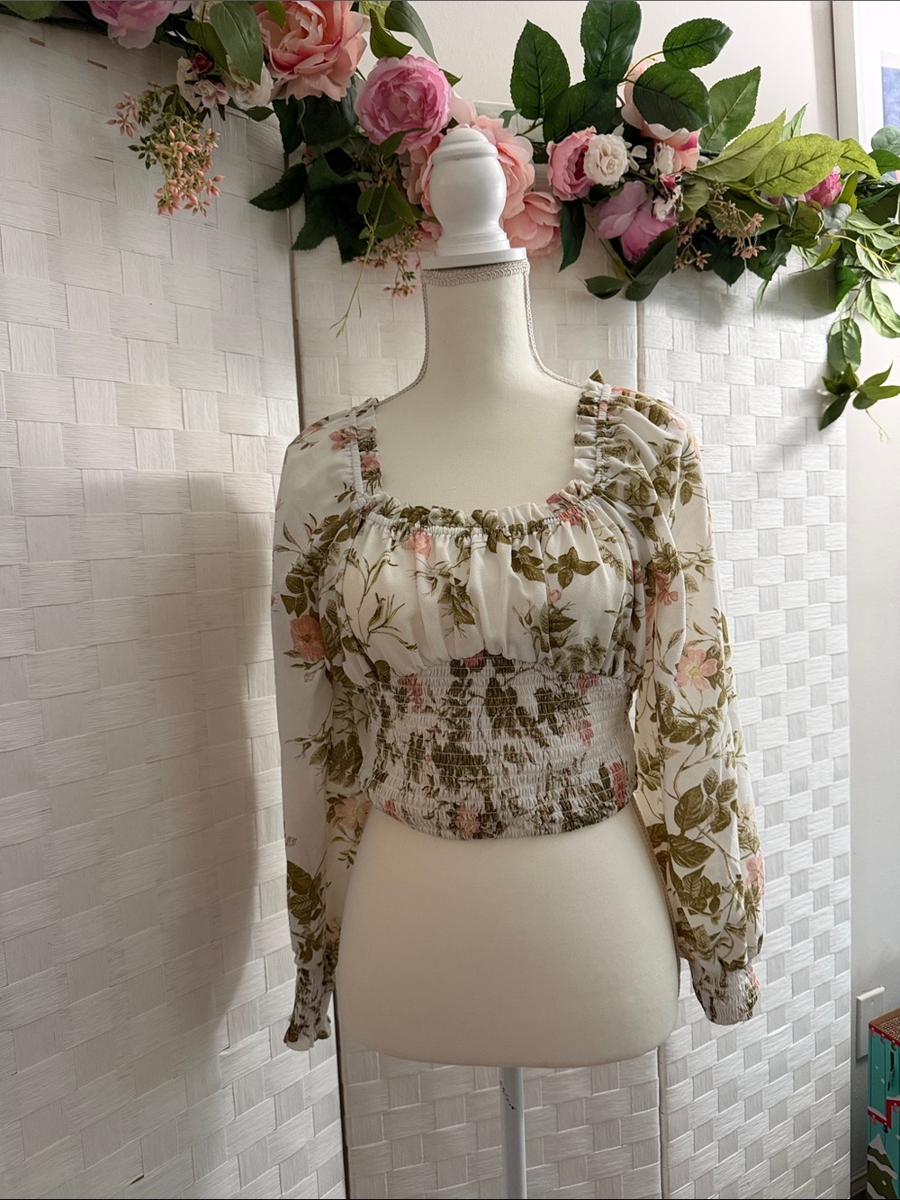 1. State White Floral Smocked Crop Top with Pink & Olive Print